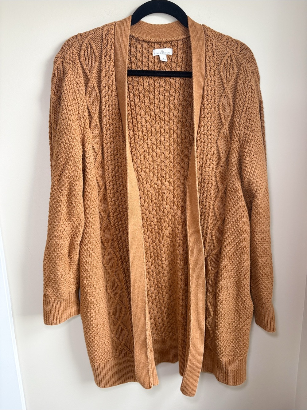 L.L. Bean Camel Cable-Knit Open Cardigan Sweater